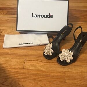 Larroude Black Heels with White Floral Detail